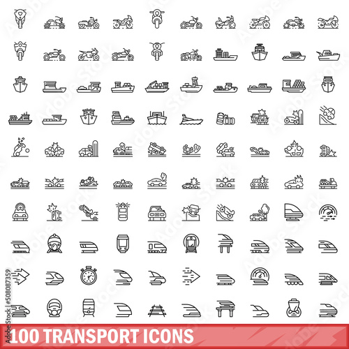 100 transport icons set. Outline illustration of 100 transport icons vector set isolated on white background