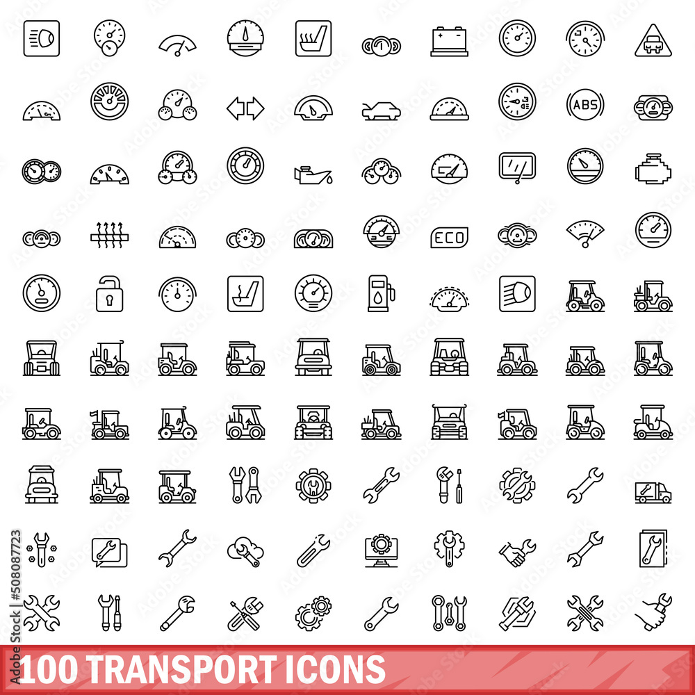 100 transport icons set. Outline illustration of 100 transport icons vector set isolated on white background