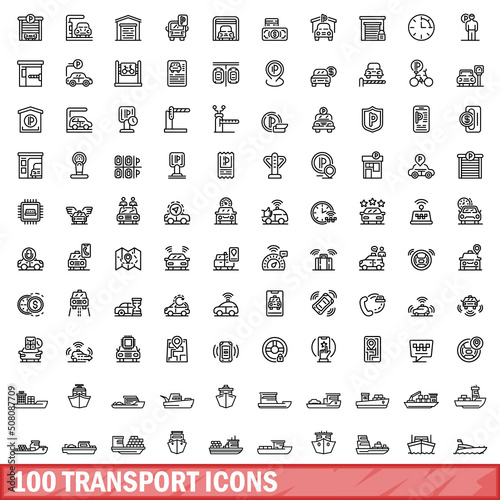 100 transport icons set. Outline illustration of 100 transport icons vector set isolated on white background
