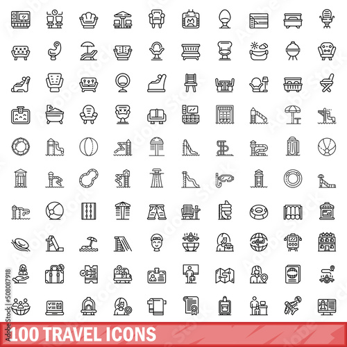 100 travel icons set. Outline illustration of 100 travel icons vector set isolated on white background