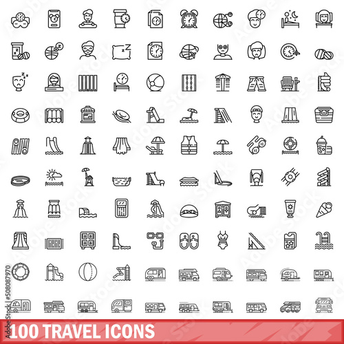 100 travel icons set. Outline illustration of 100 travel icons vector set isolated on white background