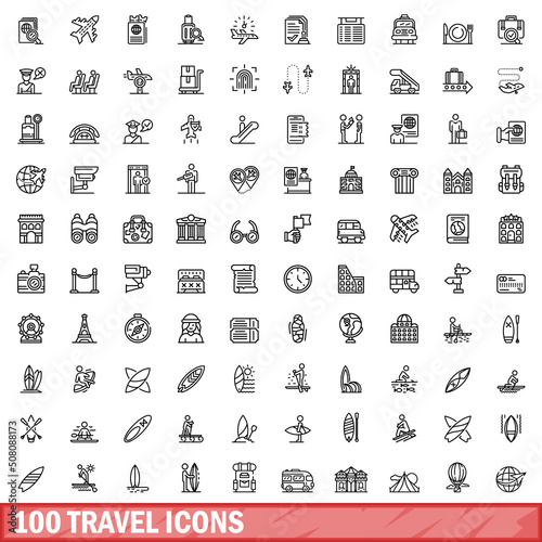 100 travel icons set. Outline illustration of 100 travel icons vector set isolated on white background