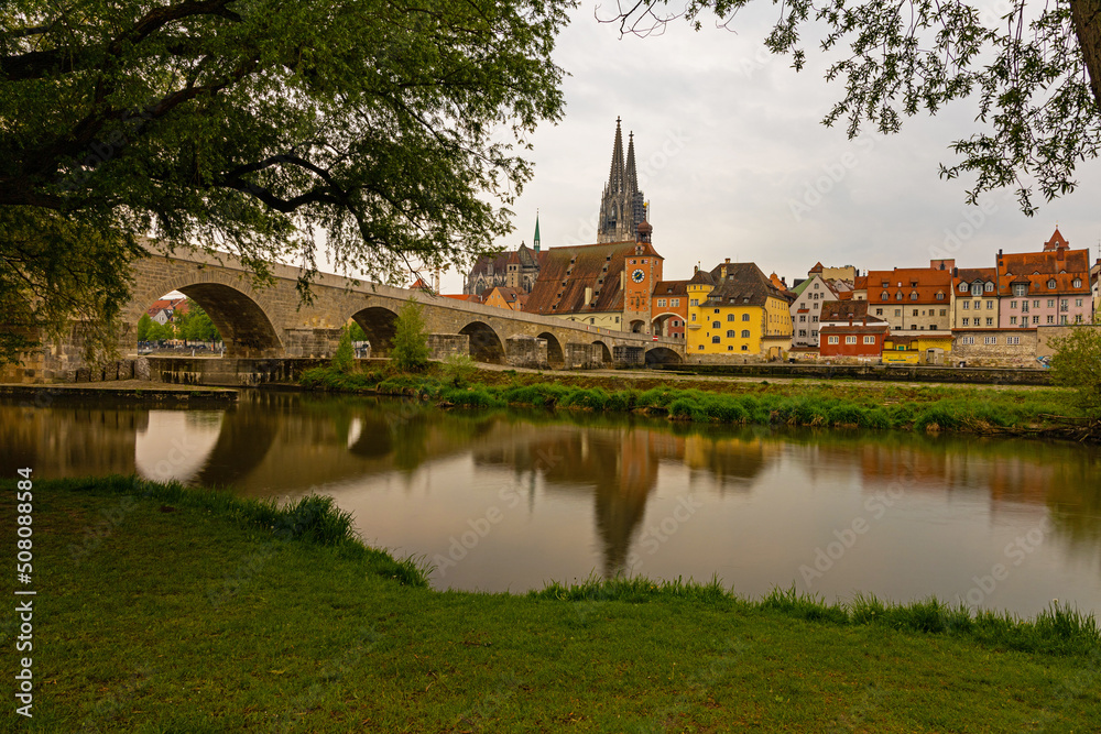 stony bridge and danube river in Regensburg