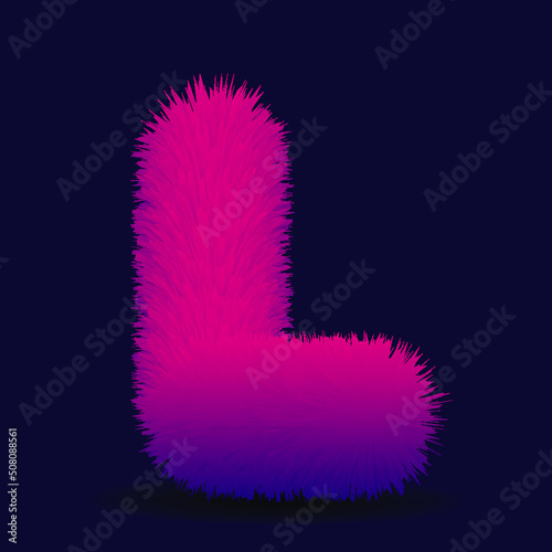 fluffy letter L fur texture. Pink glow 3D effect lettering vector illustration 