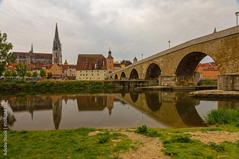 stony bridge and danube river in Regensburg