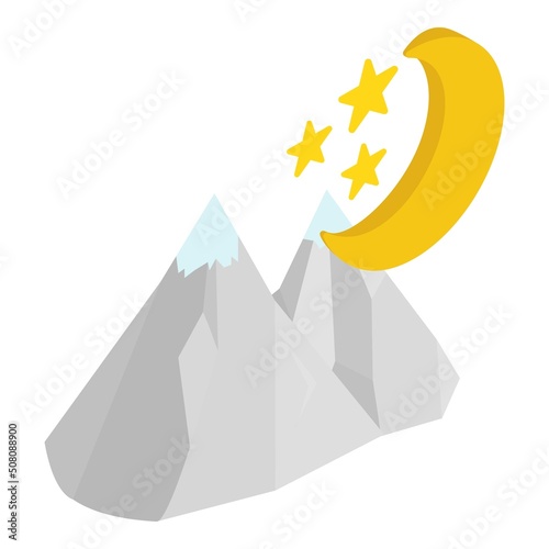 Night mountain icon isometric vector. Moon and star over two snow capped peak. Cloudless calm weather, night landscape