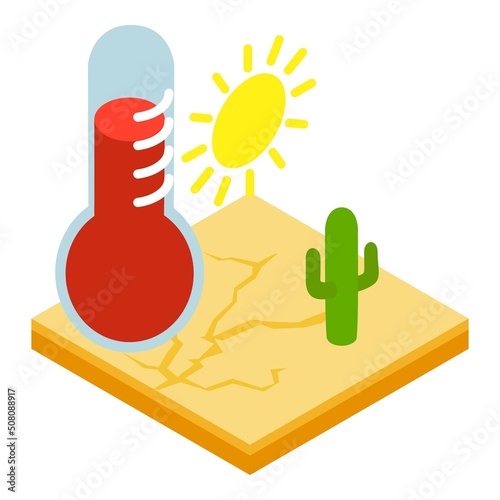 Drought icon isometric vector. Dry soil under scorching sun, hot red thermometer. Dry weather, climate change, desertification