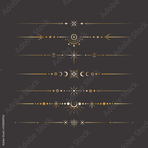 Vector celestial golden border set with stars, moon phases, crescents and dots. Collection of ornate shiny magical isolated clipart for mystic decoration