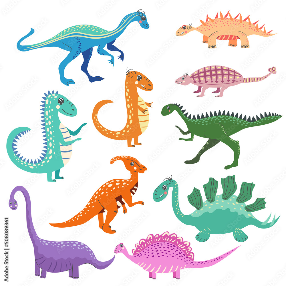 Fototapeta premium Cute dinosaurs and tropic plants. Funny cartoon dino.
