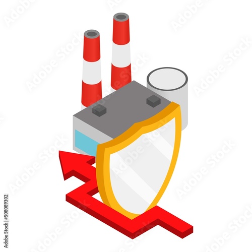Industrial hazard icon isometric vector. Factory behind shield, arrow bypassing. Power station, generating electricity, heavy industry