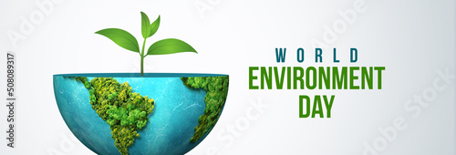 World Environment day concept 3d banner design. Happy Environment day, 05 June. Green earth with young plant on blur green nature background. 