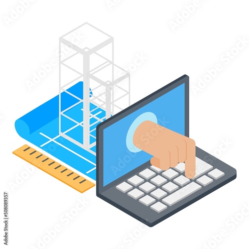 Engineering icon isometric vector. Laptop, tech documentation, building project. Building structure, construction graphic idea