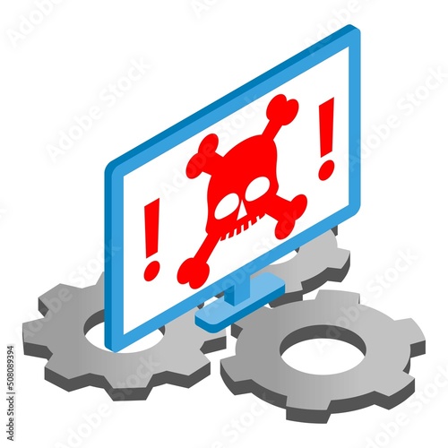 Malware removal icon isometric vector. Skull, bone on computer screen, cogwheel. Technical support, adjusting, service