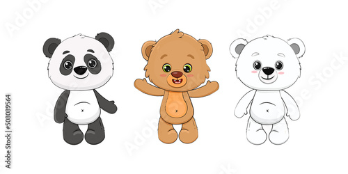 Set of cute cartoon bears. White bear, panda and teddy bear. Vector illustration