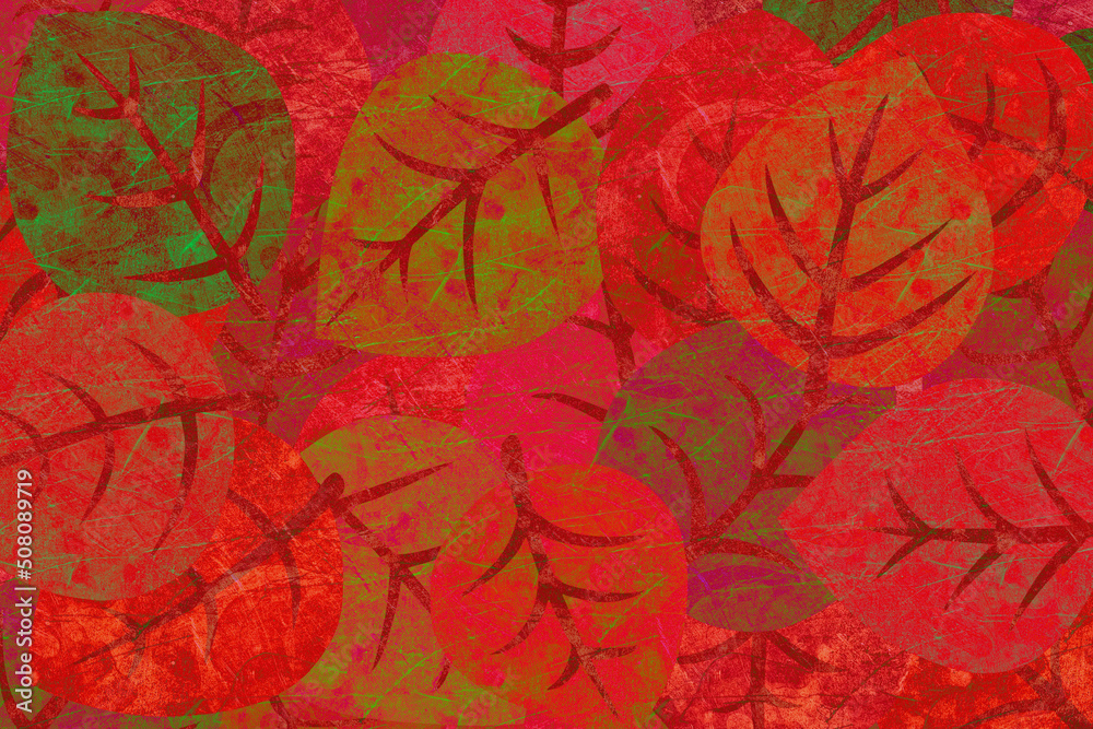 赤のバリエーションの水彩の重なり合う葉っぱ