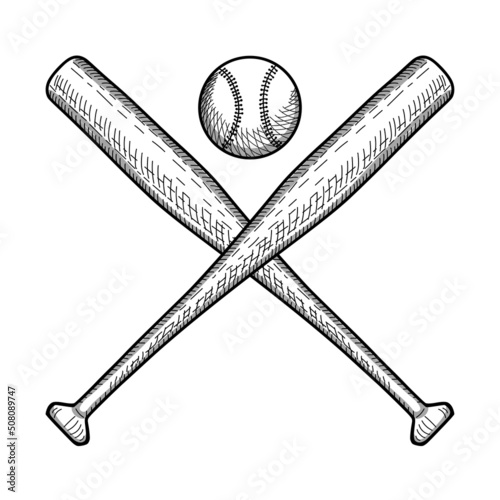 Two baseball crossed bats and a baseball. Hand drawn vector sketch isolated on white background.