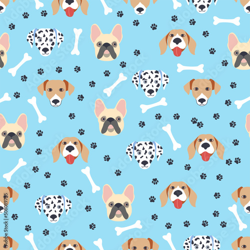 Seamless patterns with cute cartoon dogs muzzles. Dalmatian, Terrier, Bulldog