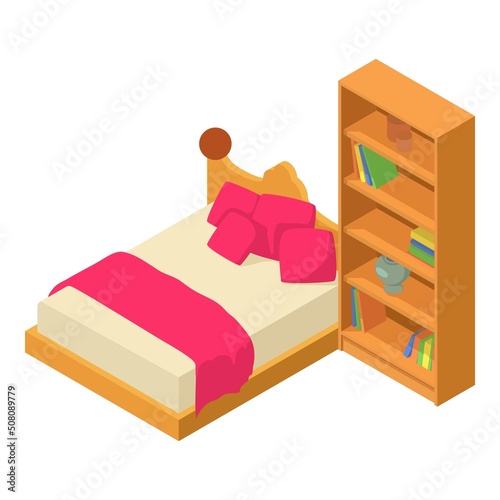 Bedroom furniture icon isometric vector. New wooden double bed and bookcase icon. Sleeping place, bedchamber, modern interior