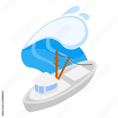Fishing trawler icon isometric vector. New white fishing ship under ocean wave. Sea trawler vessel, fishery industry, water transport