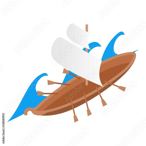 Ancient sailboat icon isometric vector. Medieval sailing ship with paddle icon. Historical exposition, old vessel, trireme, retro water transport