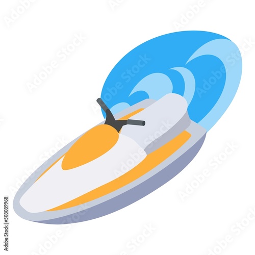 Jet ski icon isometric vector. New modern yellow white jetski and big sea wave. Water scooter, hydrocycle, watercraft, active recreation concept