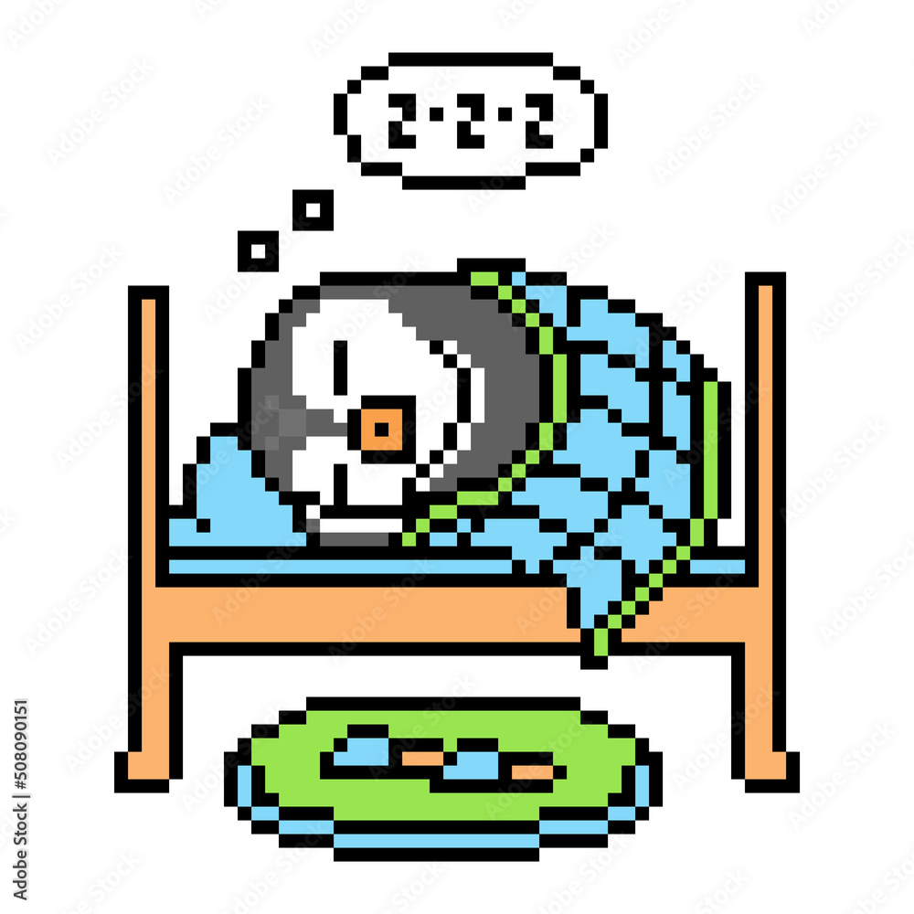 Penguin sleeping in bed at night, cute pixel art animal character isolated on white background. Old school retro 80's, 90's 8 bit slot machine, computer, video game graphics. Cartoon bedroom mascot. Penguin sleeping in bed at night, cute pixel art animal character isolated on white background. Old school retro 80's, 90's 8 bit slot machine, computer, video game graphics. Cartoon bedroom mascot.