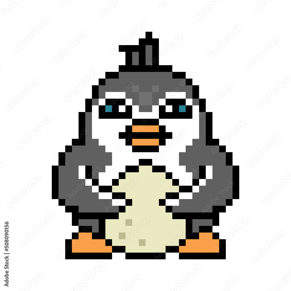 Penguin with an egg, pixel art animal character isolated on white background. Old school retro 80's, 90's 8 bit slot machine, computer, video game graphics. Cartoon baby care mascot. Father's day card