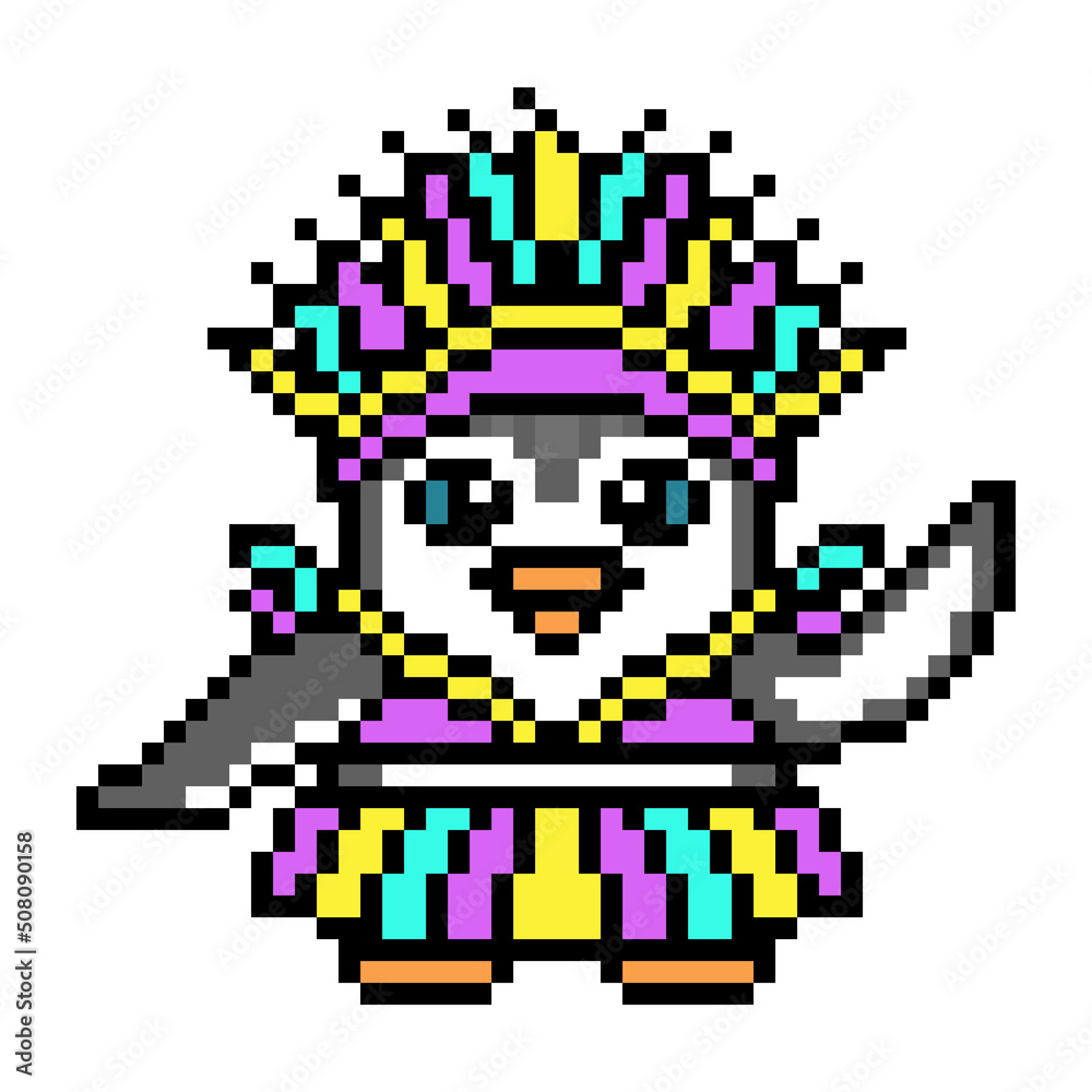 Penguin in brazilian carnival costume, cute pixel art animal character isolated on white background. Old school retro 80's, 90's 8 bit slot machine, video game graphics. Cartoon festival parademascot.