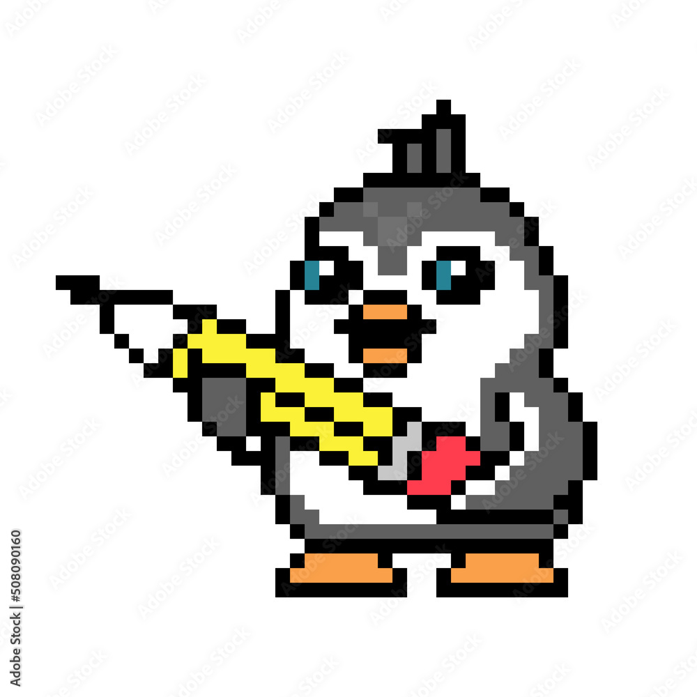 Penguin with a big graphite pencil, pixel art animal character isolated on white background. Old school retro 80's, 90's 8 bit slot machine, video game graphics. Cartoon drawing school class mascot.