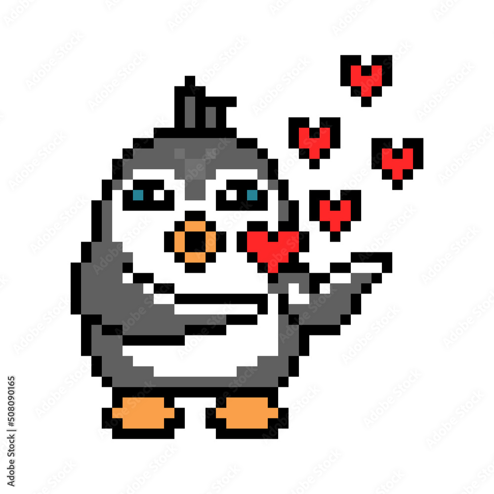 Fototapeta premium Penguin in love blowing an air kiss, pixel art animal character isolated on white background. Vintage retro 80's-90's 8 bit slot machine, video game graphics. Romantic Valentine's day cartoon mascot.