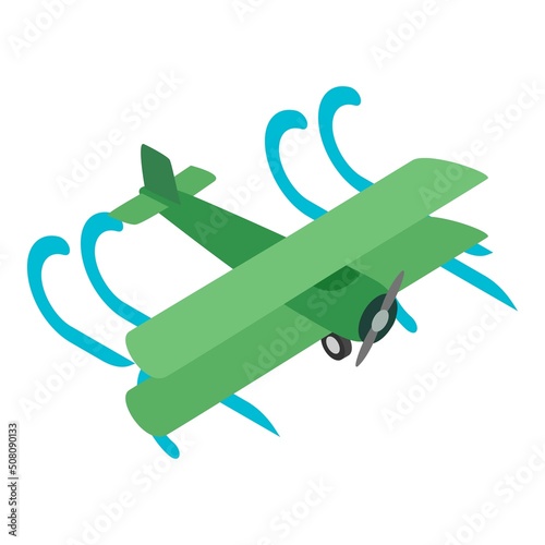 Biplane icon isometric vector. Green single rotor biplane flying in air flow. Retro airplane, air transport photo