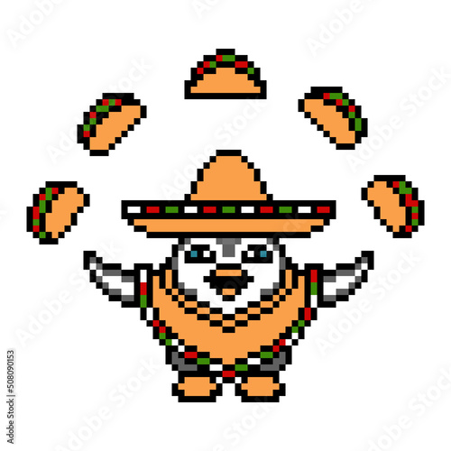 Penguin in sombrero hat and poncho juggling tacos, pixel art animal character on white. 8 bit slot machine, video game graphics. Cartoon circus performer symbol. Mexican food mascot. Taqueria logo.