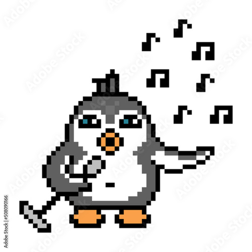 Penguin singer with a microphone, cute pixel art animal character isolated on white background. Old school retro 80's, 90's 8 bit slot machine, computer, video game graphics. Cartoon musician mascot.