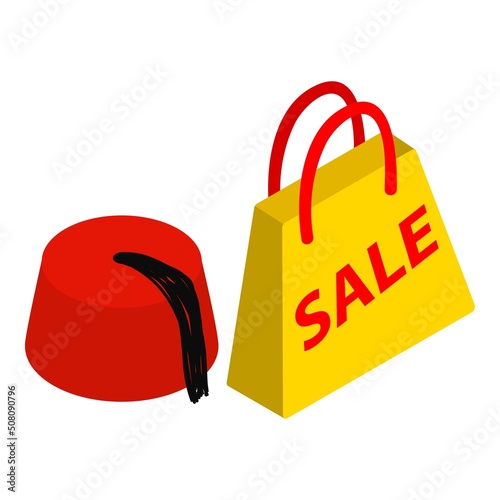 Oriental culture icon isometric vector. Arabic fez hat, package, inscription sale. Arabian red hat tarboosh with tassel, traditional oriental headdress
