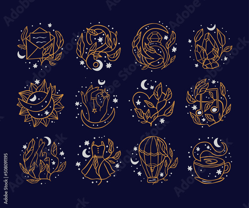 Celestial magic gold icon set. Logo star and moon vector illustration