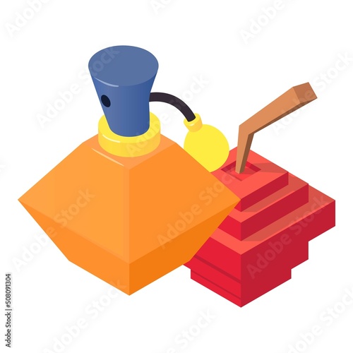 Fresh perfume icon isometric vector. Bottle of perfume and red retro pixel apple. Parfum de toilette, fruity aroma, perfumery