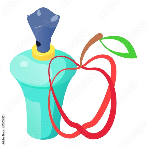 Perfume product icon isometric vector. Bottle of perfume and red apple symbol. Parfum de toilette, fruity aroma, perfumery