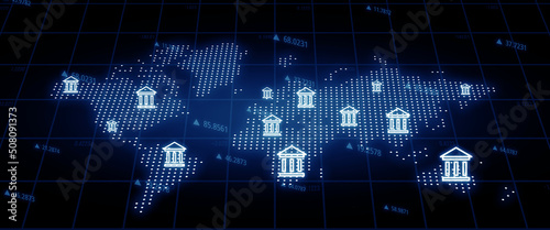 World banking system concept. Building icons over the world map.