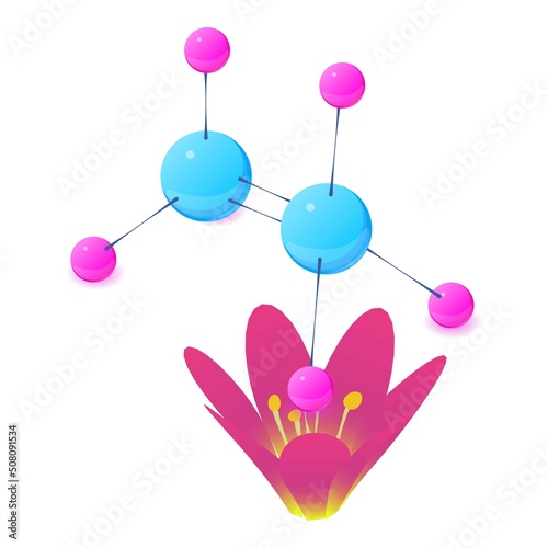 Lotus flower icon isometric vector. Bloomed violet flower, multicolored molecule. Biology and botany science, plant genetic engineering, biotechnology