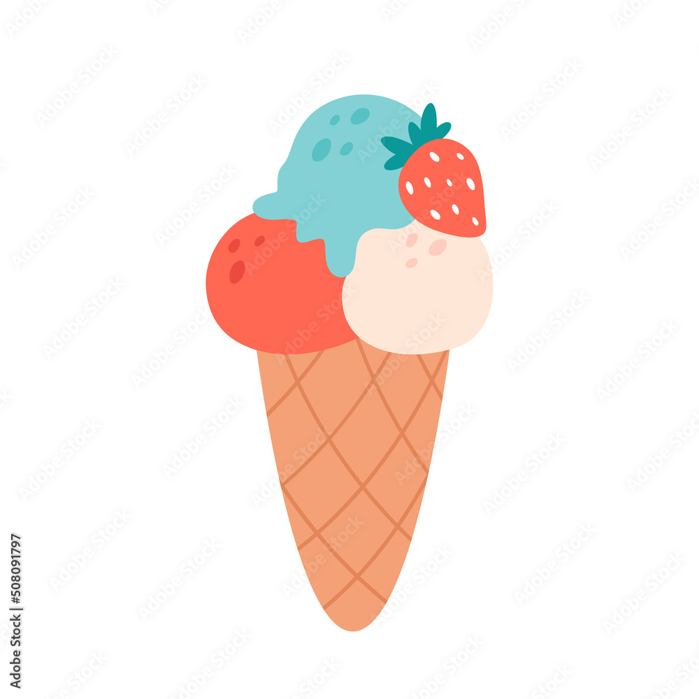 Ice cream scoops in waffle cone with different flavors, toppings and strawberry. Summertime, hello summer. Hand drawn vector illustration Ice cream scoops in waffle cone with different flavors, toppings and strawberry. Summertime, hello summer. Hand drawn vector illustration