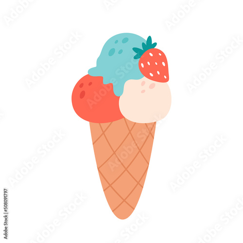 Ice cream scoops in waffle cone with different flavors, toppings and strawberry. Summertime, hello summer. Hand drawn vector illustration