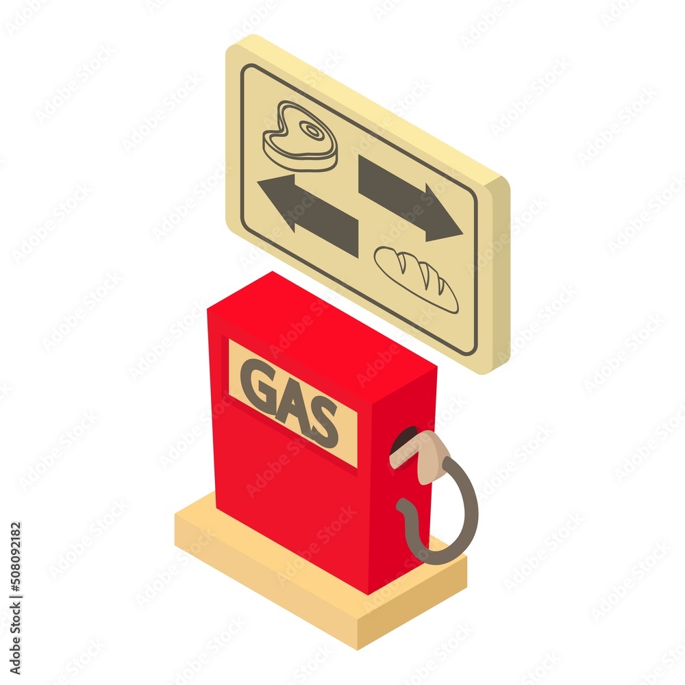 Gas station icon isometric vector. Red filling station and product signboard. Gas station, refueling service, fuel industry Gas station icon isometric vector. Red filling station and product signboard. Gas station, refueling service, fuel industry