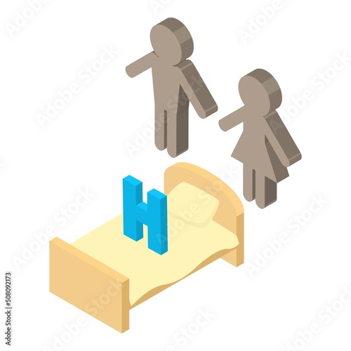 Hotel service icon isometric vector. Letter h on bed and couple people icon. Hotel, hostel, place for overnight stay