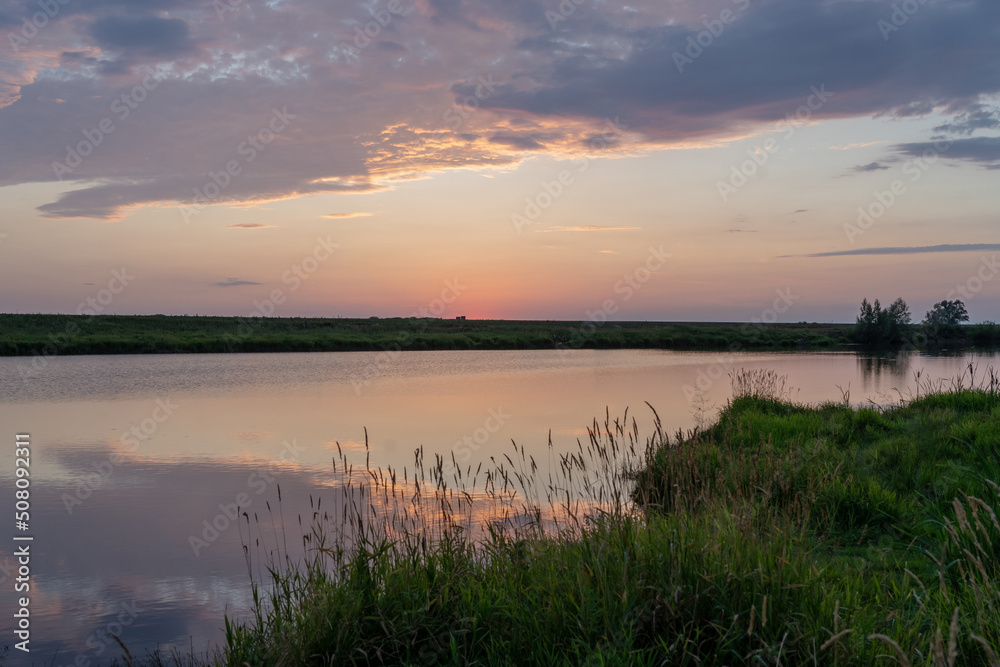 Sunset over the lake. The clouds and sky are pink. Reflection in the water. Reeds grow on the shore.