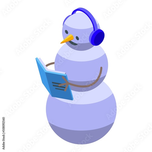 Snowman reading book icon isometric vector. Winter snow. Cute ice