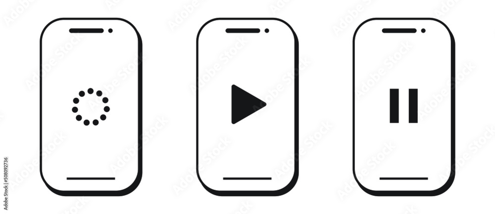 Set of minimalistic and simple mobile phone icons with load, play and pause button on screen. Simple video phone icons for web and print isolated on white background.	