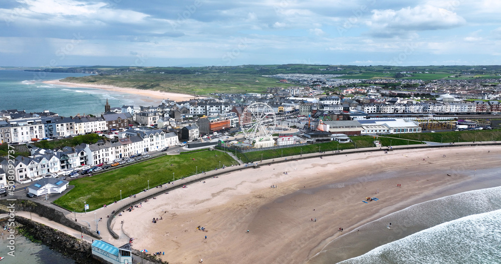 Aerial photo of Portrush Beach Atlantic Ocean North Coast County Antrim Northern Ireland by drone