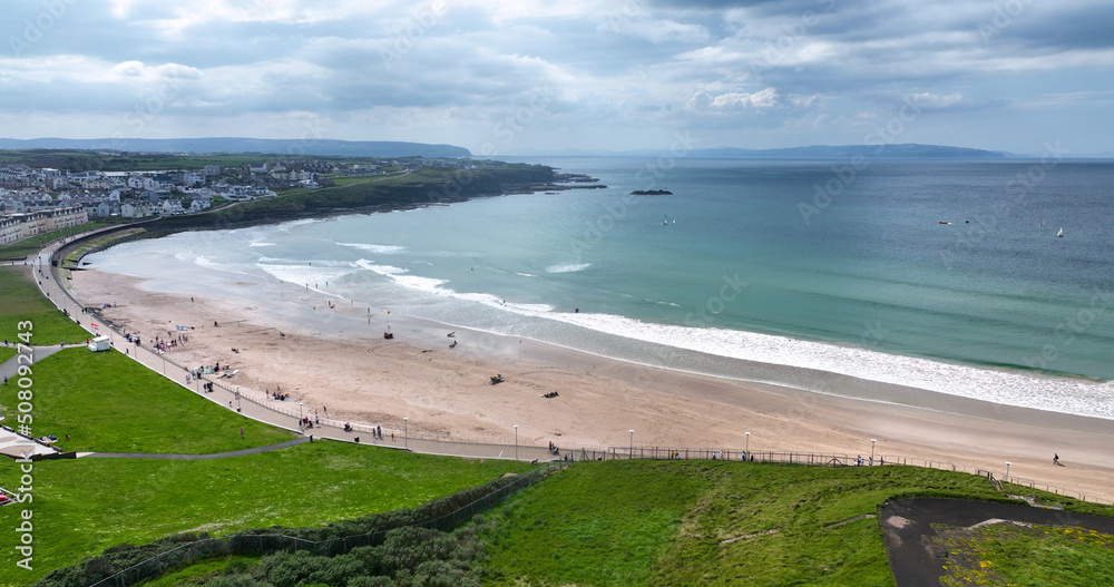 Aerial photo of Portrush Beach Atlantic Ocean North Coast County Antrim Northern Ireland by drone