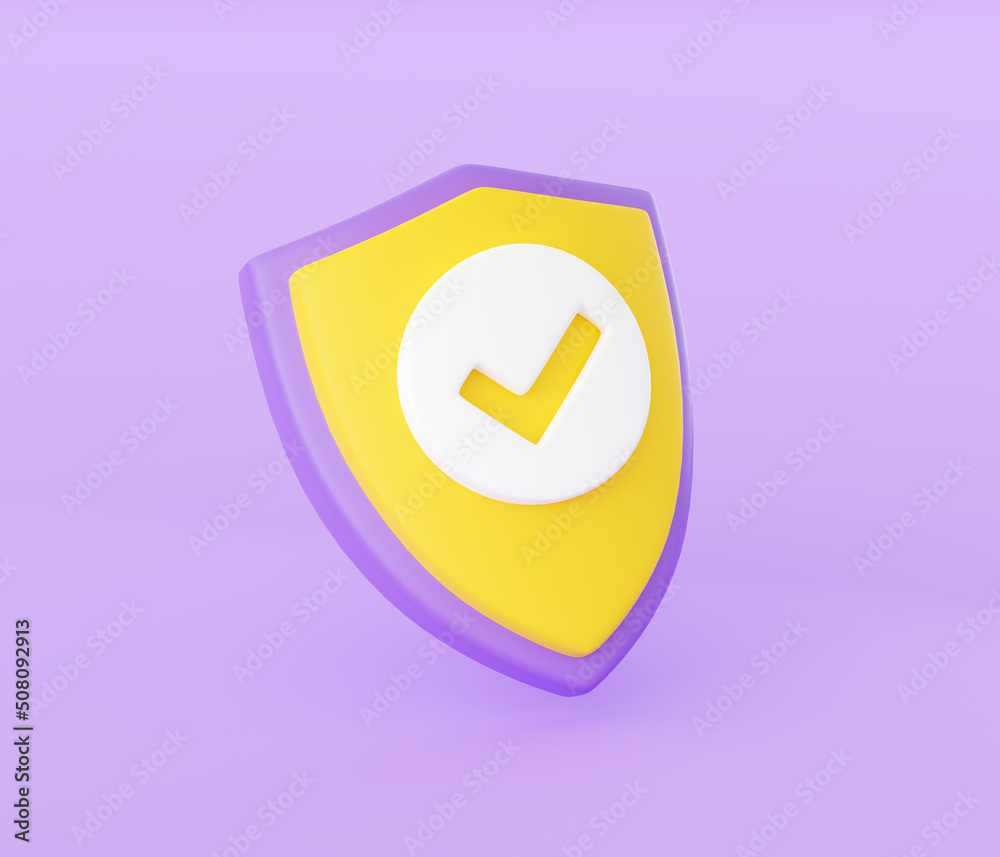 Shield with tick 3d render - security and safety concept with check mark on shield isolated on purple background.