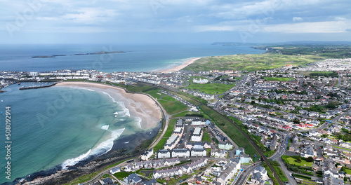 Aerial view of Portrush Beach Atlantic Ocean North Coast County Antrim Northern Ireland by Drone